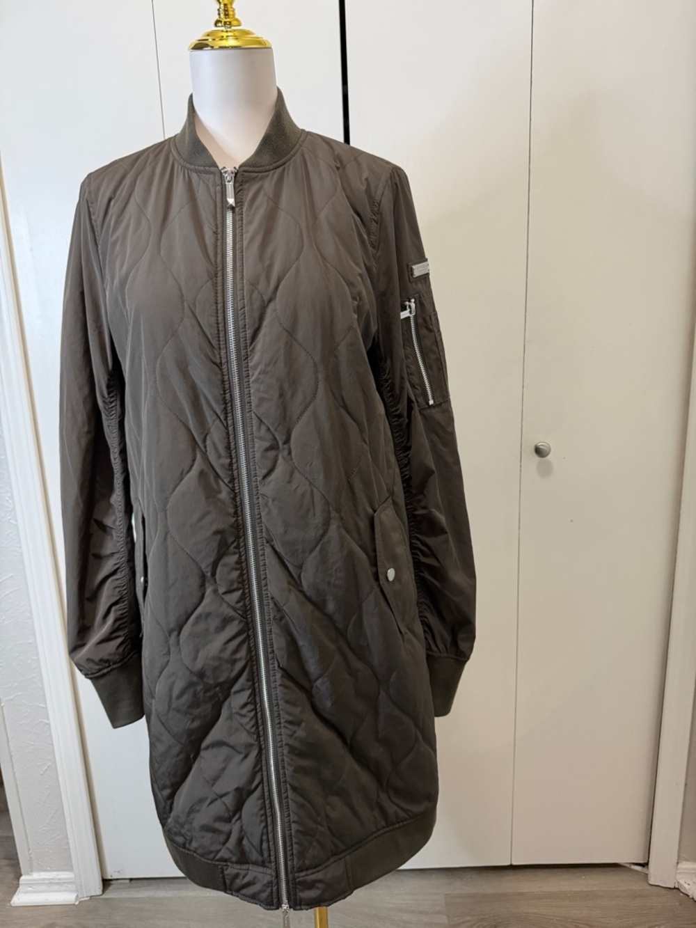 BCBGMaxAzria Olive Quilted Long Bomber Jacket